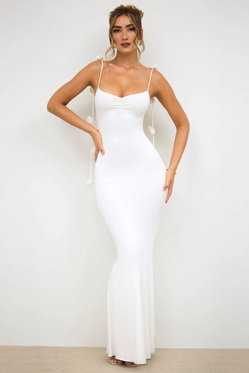 Robe formelle dos nu à bretelles spaghetti sirène blanche